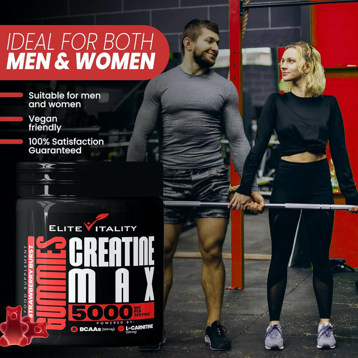 Creatine Monohydrate Gummies 5000Mg + Bcaas & L-Carnitine – Vegan, Sugar-Free, Pre Workout Muscle Recovery Supplement for Men & Women – 90 Gummies – Strawberry Burst – Gym & Fitness Support