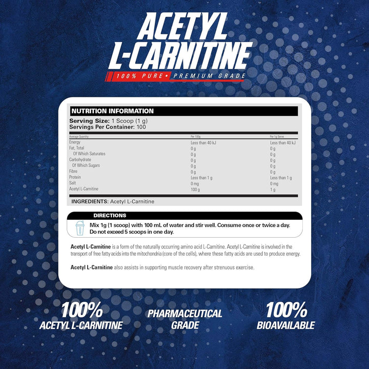 Acetyl L Carnitine - Supports Natural Energy Production, Aids Metabolism, Assists in Healthy Brain Function, Supports Heart Health, Non GMO, Vegan, Gluten Free - 100 Serves