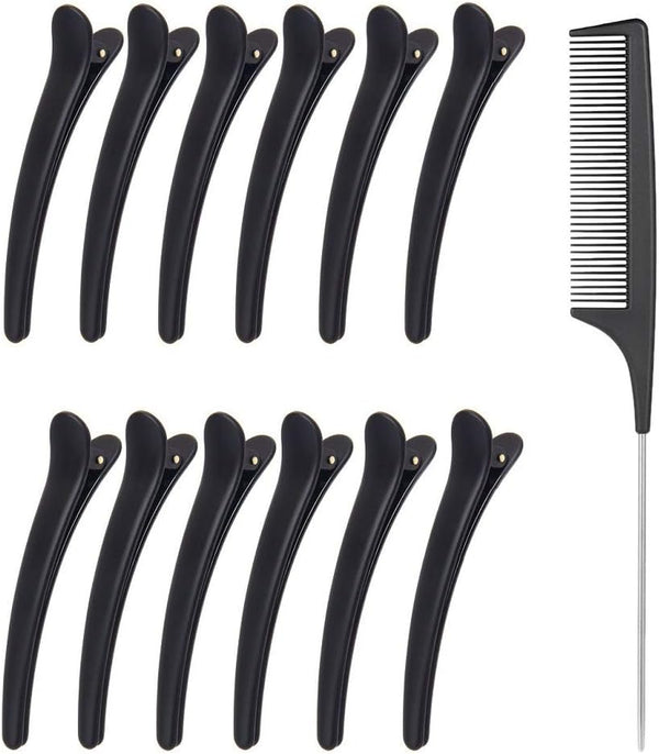 12Pcs Hair Sectioning Clips + 1Pcs Professional Anti-Static Metal Tail Hair Comb, Makeup Hairdresser Clips for Styling of Women Girls Hairdressing Salon Tool Set