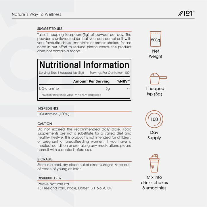 L-Glutamine Powder 150G - 5 Grams per Serving – Vegan Fermented Amino Acid – 100% Pure Formula – Halal (Unflavoured)