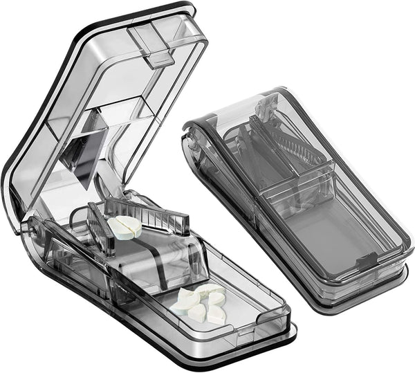 Pill Tablets Cutters for Small or Large Pills Cut in Half Quarter, Pill Splitter with Sharp Blade & Pill Storage Compartment (Black)