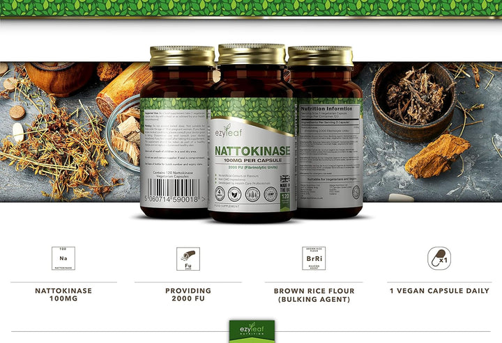 Ezyleaf Nattokinase 100Mg 2000 FU | 120 Vegan Capsules | Protein Enzyme from Japanese Natto | No Artificial Ingredients | ISO Certified, Vegan, Dairy & Gluten Free, Non-Gmo | Manufactured in the UK