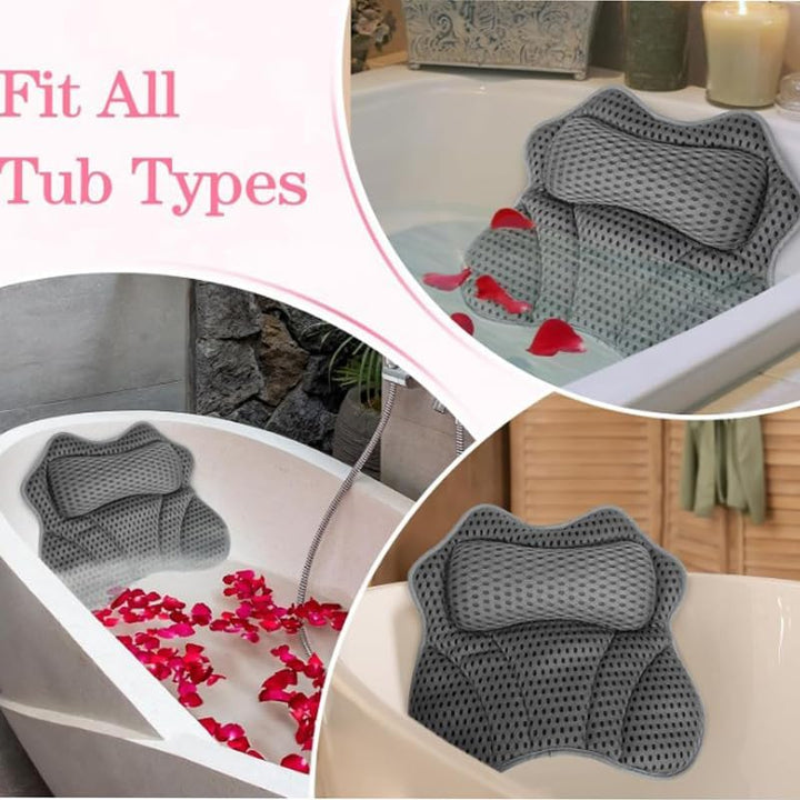 Bath Pillow 4D Luxury Bath Spa Pillow Neck and Back Support, Bathtub Headrest Cushion Pillow Non-Slip with Suction Cups (A)