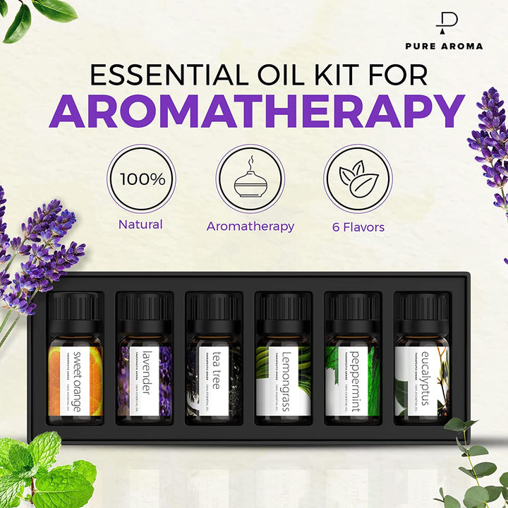 Essential Oils by  100% Pure Therapeutic Grade Oils Kit- Top 6 Aromatherapy Oils Gift Set-6 Pack, 10Ml(Eucalyptus, Lavender, Lemon Grass, Orange, Peppermint, Tea Tree)