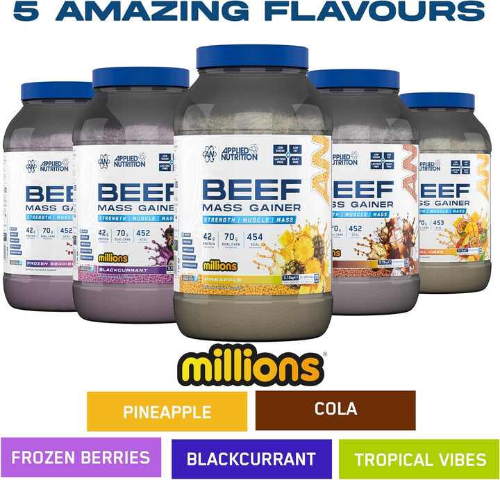 Beef Mass Gainer Protein Powder – 42G Beef Protein Isolate, High Calorie Weight Gainer Supplement, Lactose Free, Low Sugar (3.13Kg – 25 Servings) (Frozen Berries)