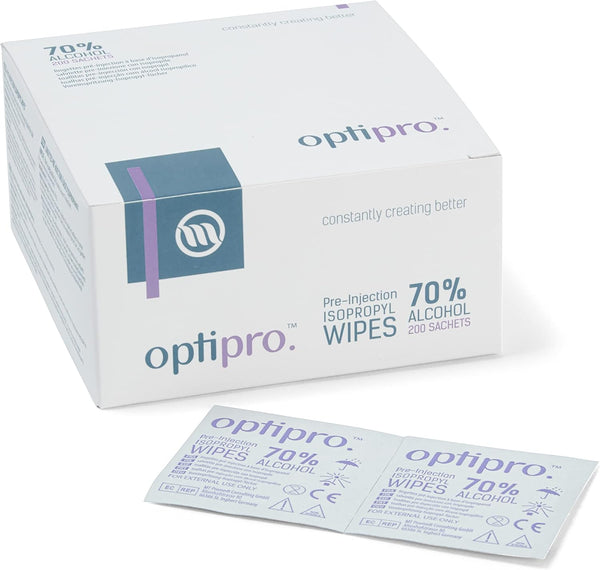 Optipro Pre-Injection Wipes (X200) - Individually Wrapped Disposable Medical Skin Cleaning Easy-Tear 70% Isopropyl Alcohol Sachet (Packaging May Vary) (200 Wipes)