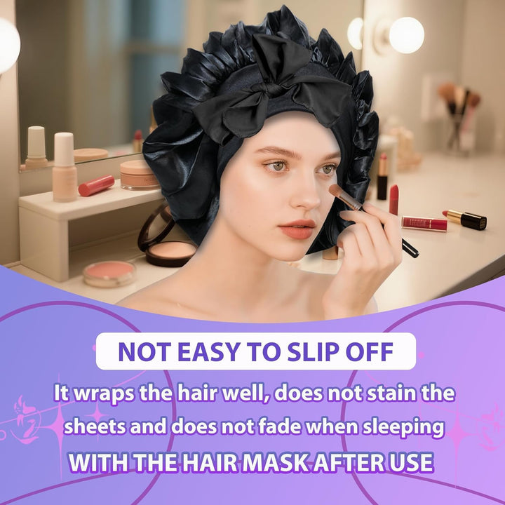 Silk Hair Bonnet for Sleeping with Hair Bobbles, Silk Bonnets for Women with Elastic Band, Hair Care Head Cover Hat for Women Girls Long, Straight, Curly Hair