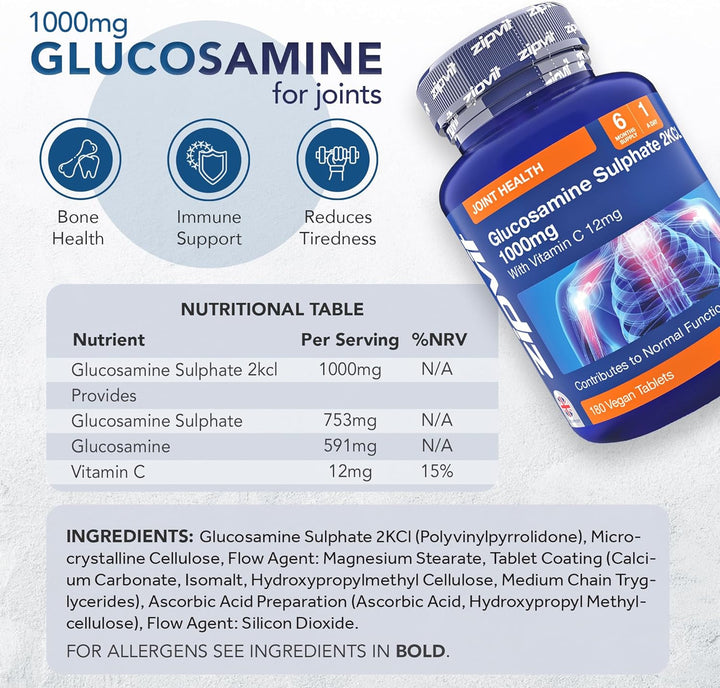 Glucosamine Sulphate 2Kcl 1000Mg with Vitamin C, 180 Vegan Tablets, Supports Bones, Cartilage & Collagen, Reduces Tiredness & Fatigue, Joint Health Supplement, 6 Month Supply
