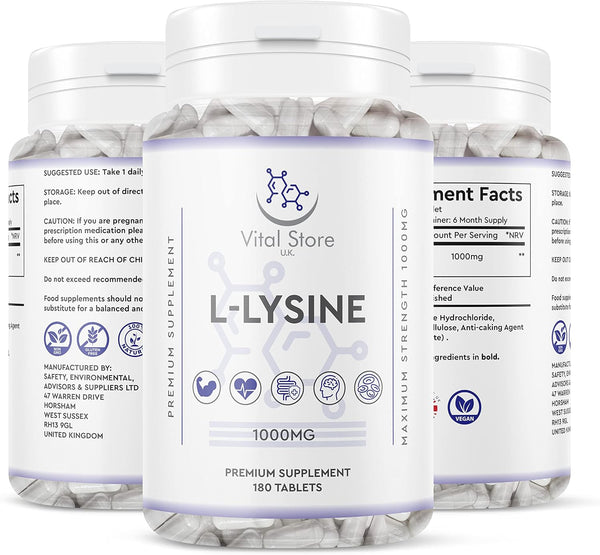 L-LYSINE 1000MG - 180 Vegan Tablets - 6 Month Supply - High Strength Essential Amino Acid