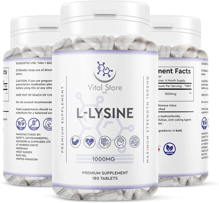 L-LYSINE 1000MG - 180 Vegan Tablets - 6 Month Supply - High Strength Essential Amino Acid