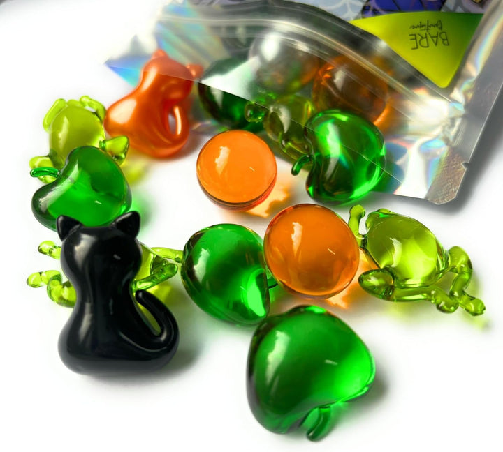 Witches Brew - 30 Pack, Halloween Themed Bath Pearls. Cats, Frogs, Black Hearts, Green Apples, Pumpkins. Bath Beads, Halloween Bath Accessories