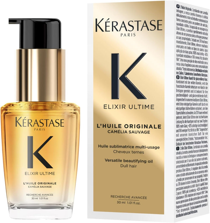 Kérastase Elixir Ultime Hair Oil, Nourishes Dull Hair, for All Hair Types, Strengthens and Protects Hair from Heat, with Argan and Camellia Oil, L'Huile Originale