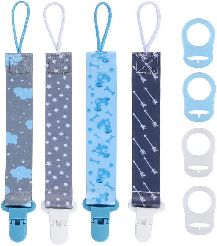 8 Pcs Dummy Clips Boys with Adapters, Silicone Button Ring Pacifier Holder Leashes Adapters Fits All Pacifiers for Baby Teething Toys Baby Shower