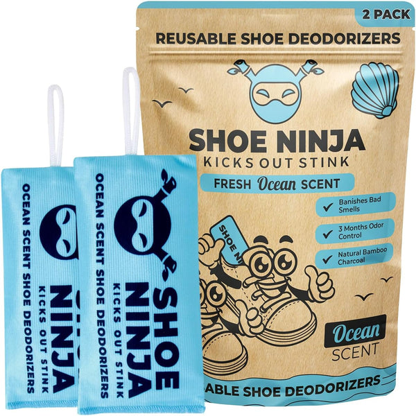 Shoe Ninja Shoe Deodorizer - Shoe Odour Eliminator with Activated Charcoal, Versatile and Reusable Deodoriser Bags for Shoes, Football Boot Deodoriser and Shoe Smell Remover, Great for Sports - 2 Pack