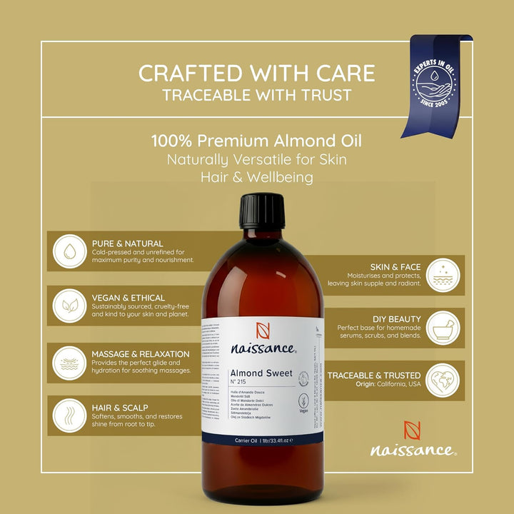 Sweet Almond Oil (No. 215) 1 Litre – for Skin, Hair, Massage, Nails, Cuticles, Ears, Face, Body, Stretch Marks - Natural Skin Care, Carrier Oil for Aromatherapy