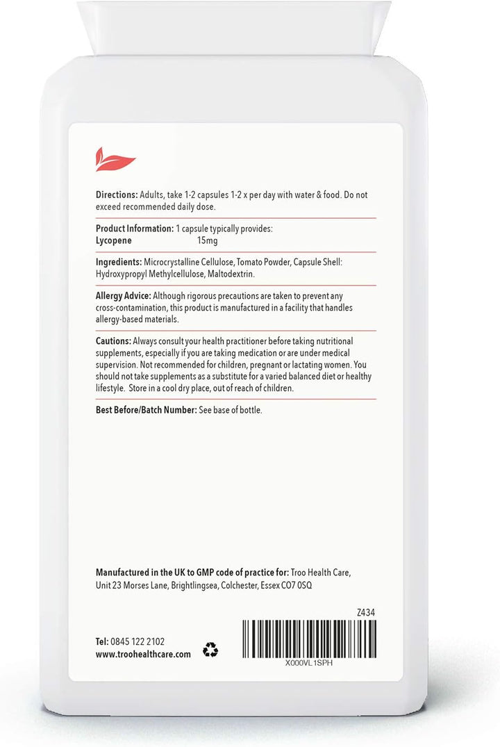 Lycopene Supplement 15Mg - 120 Capsules - 150Mg Tomato Powder Providing High Strength 15 Mg Lycopene per Vegan Capsule - up to 4 Month Supply - UK Made to GMP Standards