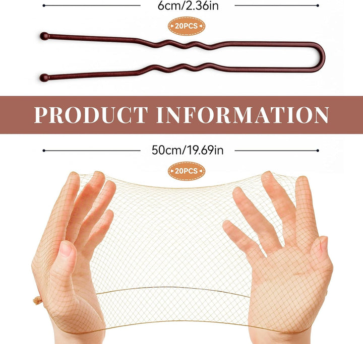 Hair Nets for Buns,20 PCS Bun Nets with 20 Pcs U-Shaped Pins for Women 50Cm/20Inch Invisible Bun Net for Girls,Ballet Dancers,Chefs, Nurses,Flight Attendants(Brown)