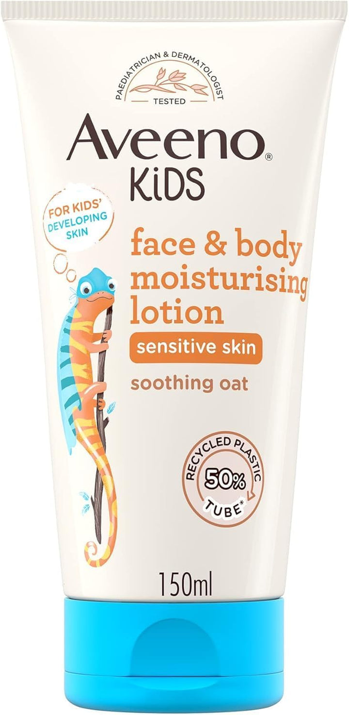 Aveeno Kids Face & Body Moisturising Lotion (1 X 150Ml), Non-Greasy and Fragrance-Free Moisturiser Enriched with Soothing Oat, Face and Body Lotion for Kids' Sensitive and Developing Skin