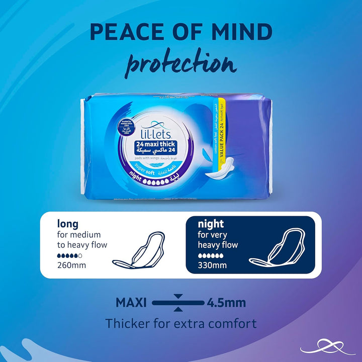 Maxi Thick Period Pads X 24, Night Absorbency, with Wings, 1 Pack of 24 Maxi Pads, for Very Heavy/Extra Heavy Overnight Flow, Unscented, Nightime Sanitary Towel (Packing May Vary)