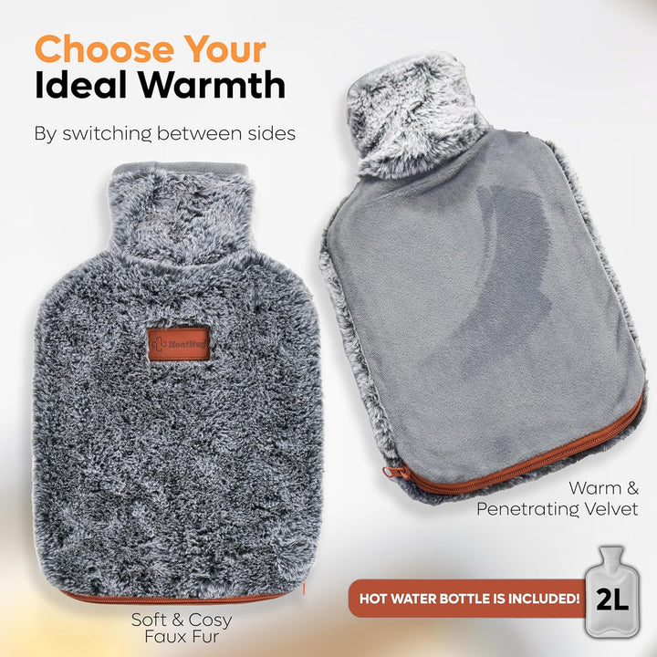 Hot Water Bottle with Cover UK - for Pain Relief (2L) 2 Sided Hot Water Bottle for Adults with Pocket for Endometriosis Period Pain Relief Stomach Cramps
