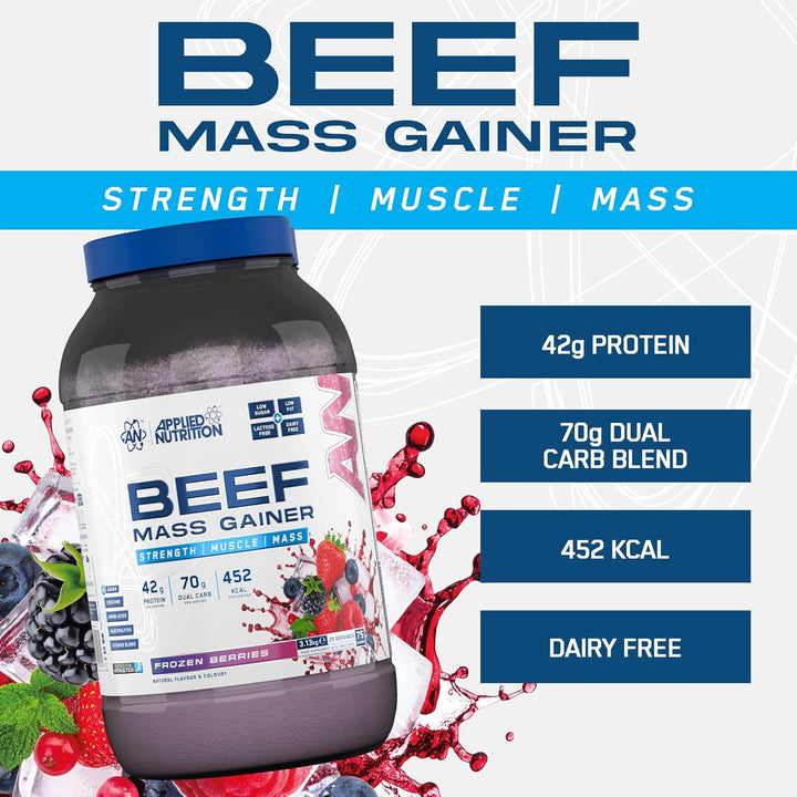 Beef Mass Gainer Protein Powder – 42G Beef Protein Isolate, High Calorie Weight Gainer Supplement, Lactose Free, Low Sugar (3.13Kg – 25 Servings) (Frozen Berries)