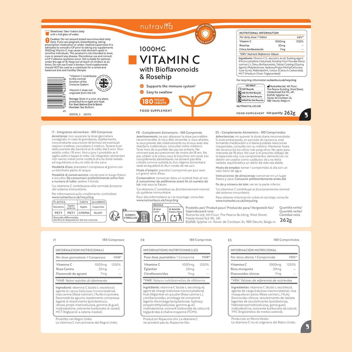 Vitamin C 1000Mg – 180 Premium Vegan & Vegetarian Tablets – 6 Month Supply – High Strength Ascorbic Acid – with Added Bioflavonoids & Rosehip – Normal Immune System – Made in the UK