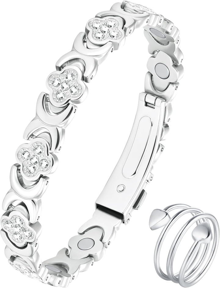 99% Copper Bracelet for Women,Magnetic Bracelet for Women with Lucky Clover Design,Adjustable Length with Sizing Tool in Gift Box(Rose Gold)