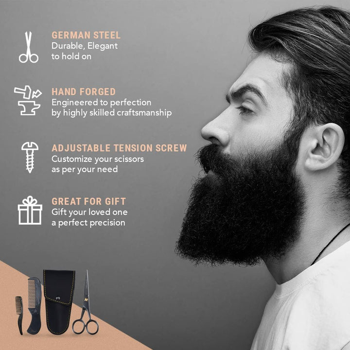 5" Beard Moustache Scissors Professional German Steel 2 Comb Carrying Pouch Mustache Trimming - Hand Forged Bevel Edge Precision Men Facial Hair Grooming Kit All Body Hair Black