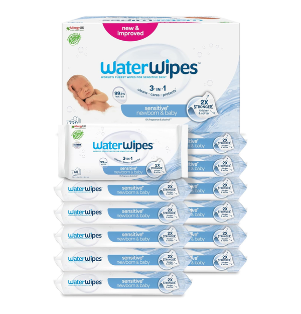 Sensitive+ Newborn & Baby Wipes, 720 Count (12 Packs), 3-In-1 Cleans, Cares, Protects, 99.9% Water, Unscented