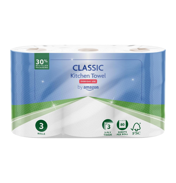 Classic Kitchen Roll, 3-Ply Strength, Super Absorbent Design, 3 Rolls (80 Sheets per Roll, FSC Certified)